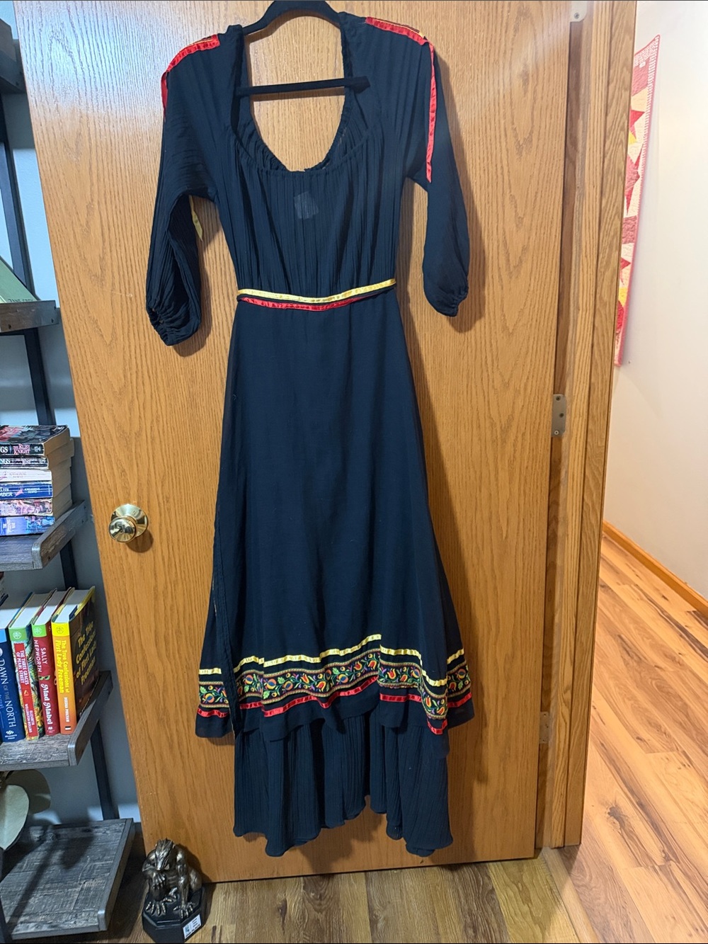 Black Maxi Dress with Red & Yellow Embroidered Trim